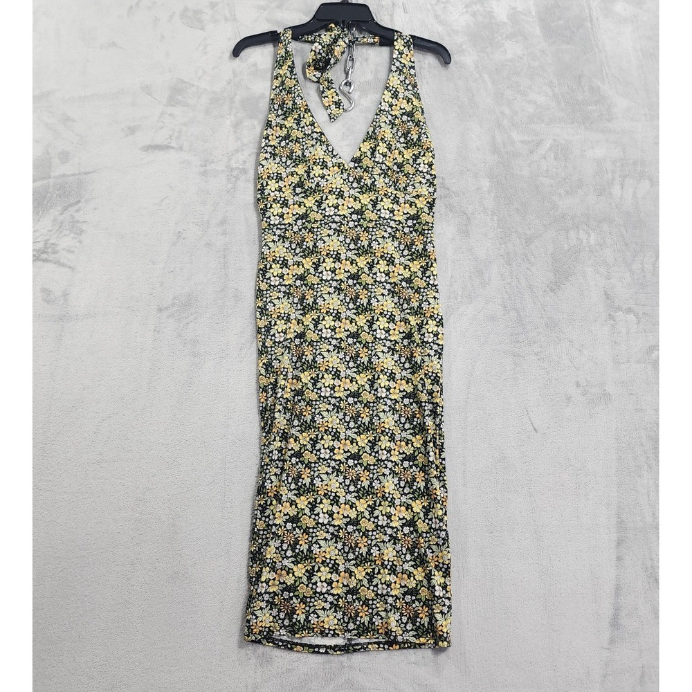NEW Forever 21 Dress Womens M Black Yellow Floral Halter Bodycon Midi Stretch